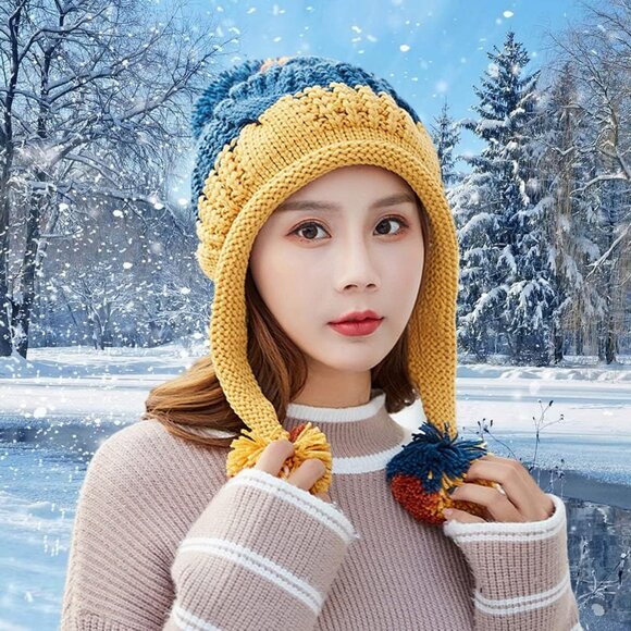Women Yellow blue Winter Peruvian Cover Ears Beanie Hat Ear Flaps Sherp Ski Snow - Picture 5 of 9